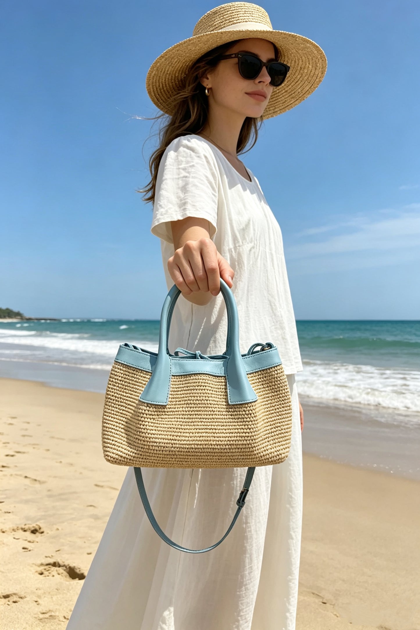blue raffia crossbody purses,women,model display