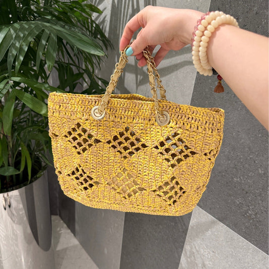 yellow raffia hollow handbags,women,front