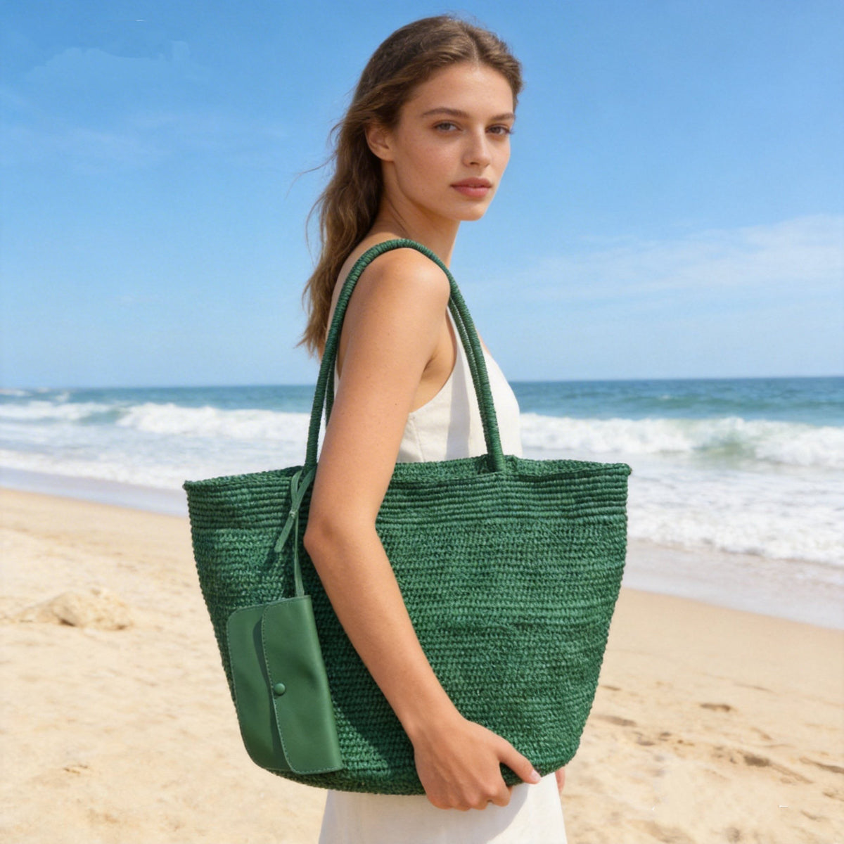 green fanlosn raffia tote bag,women,model display