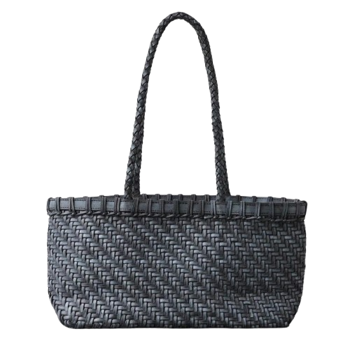 fanlosn charcoal gray woven leather basket bag,women,model display