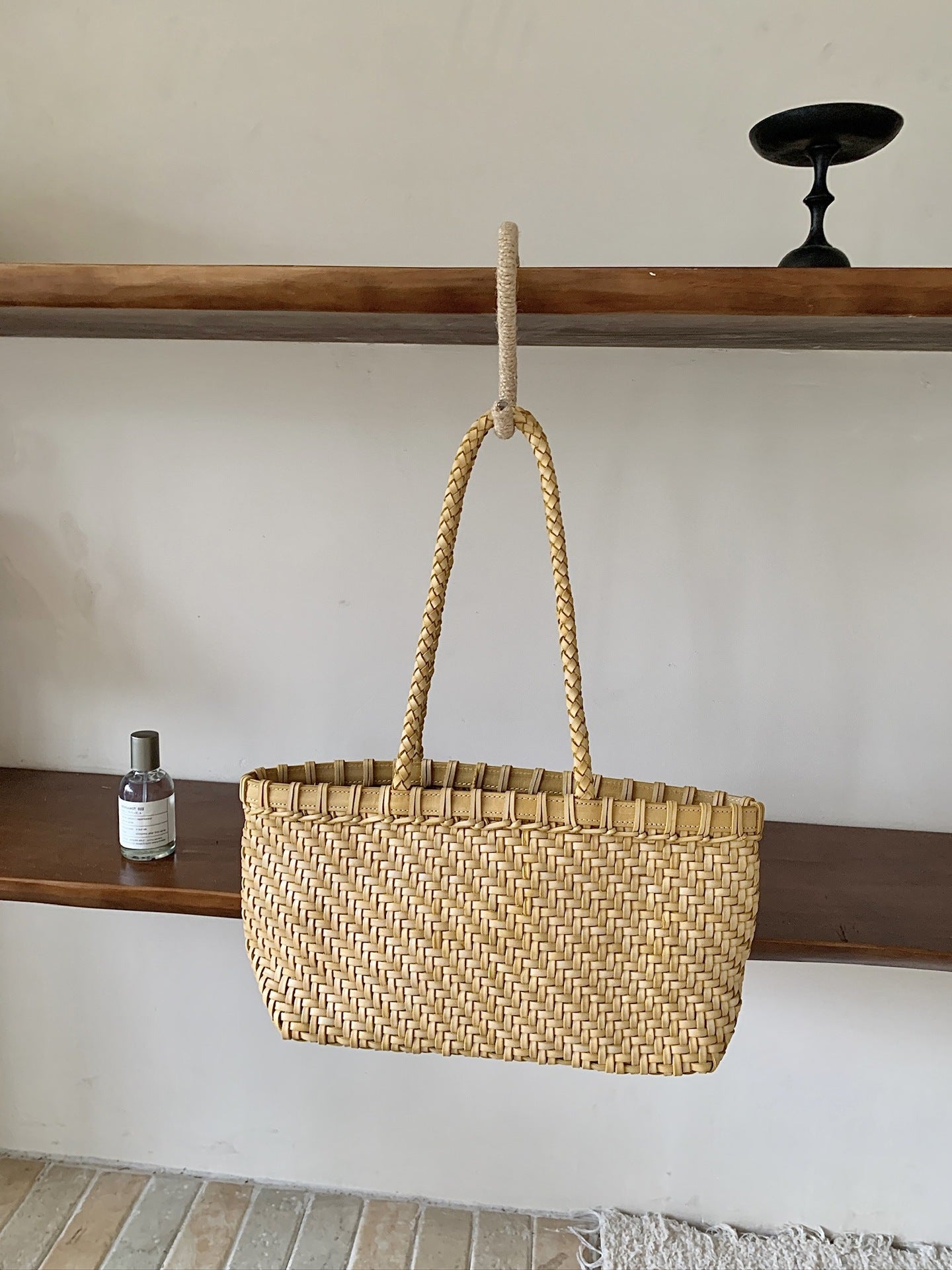 fanlosn goose yellow woven leather basket bag,women,front 02