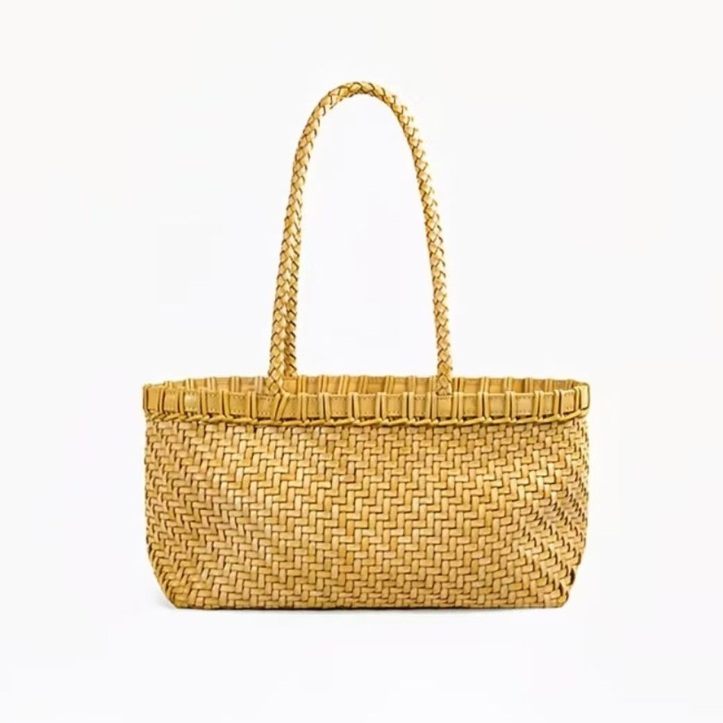 fanlosn goose yellow woven leather basket bag,women,front