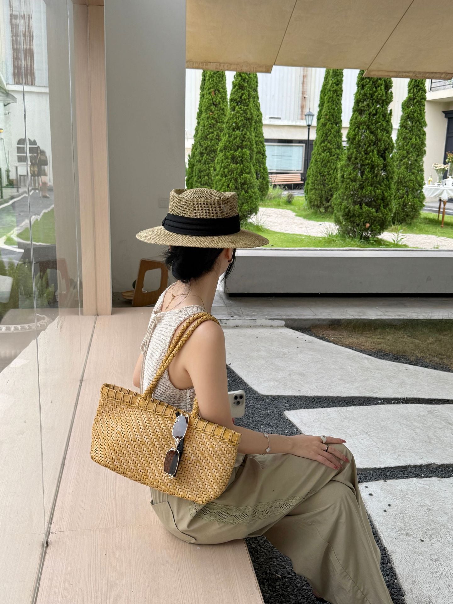 fanlosn primary color woven leather basket bag,women,model display