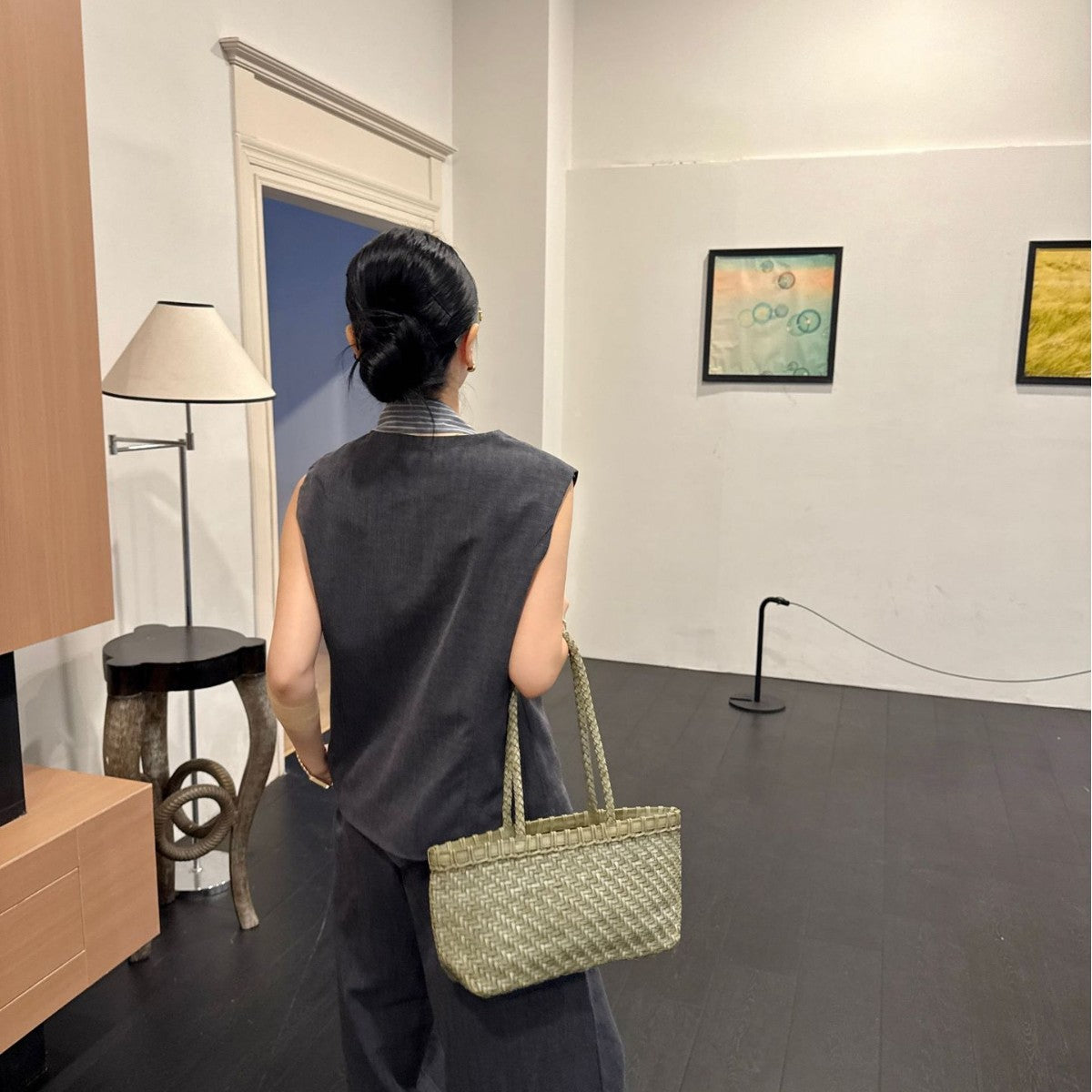 fanlosn mint green woven leather basket bag,women,model display