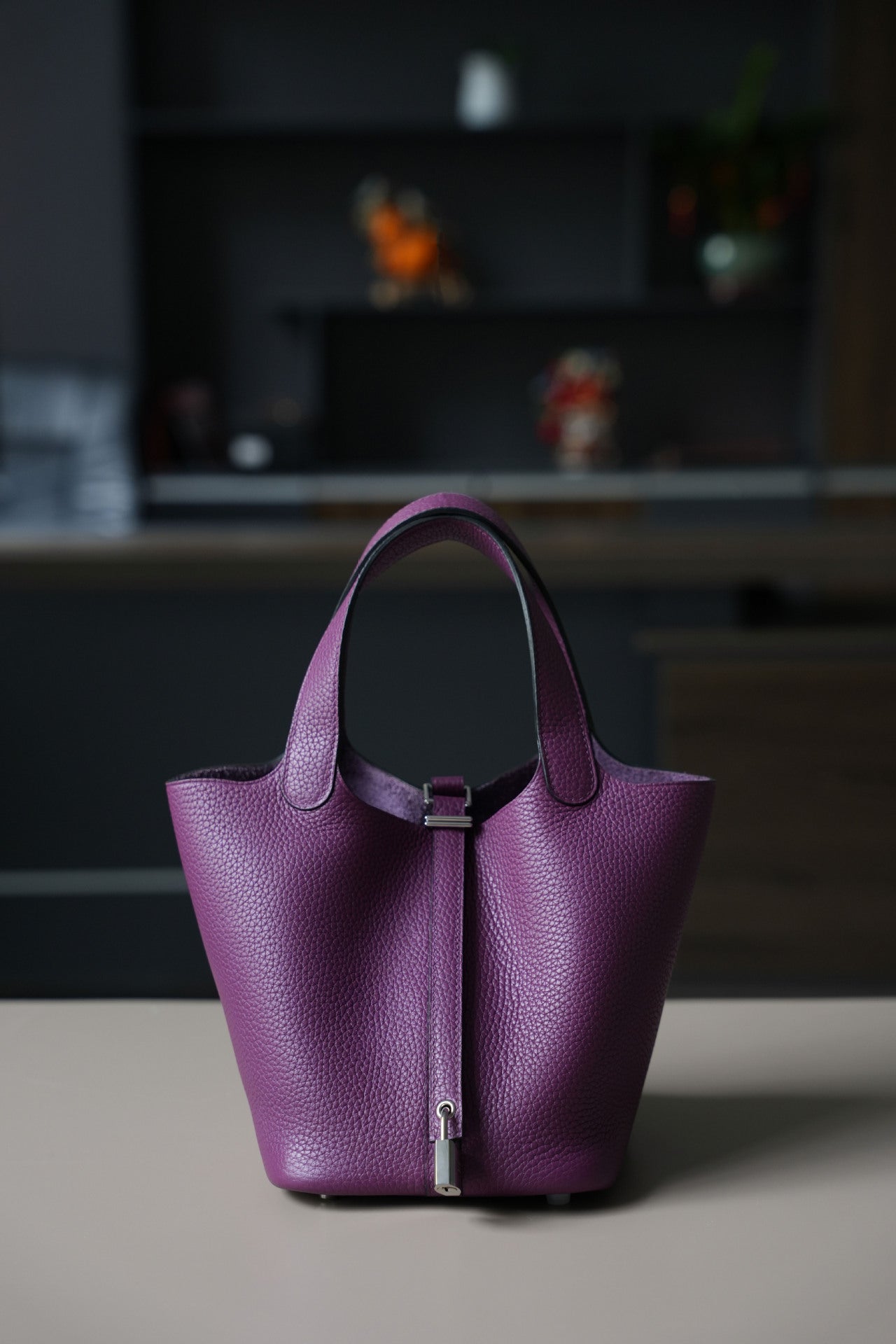 anemone purple silver buckle fanlosn leather bucket bag,women,front