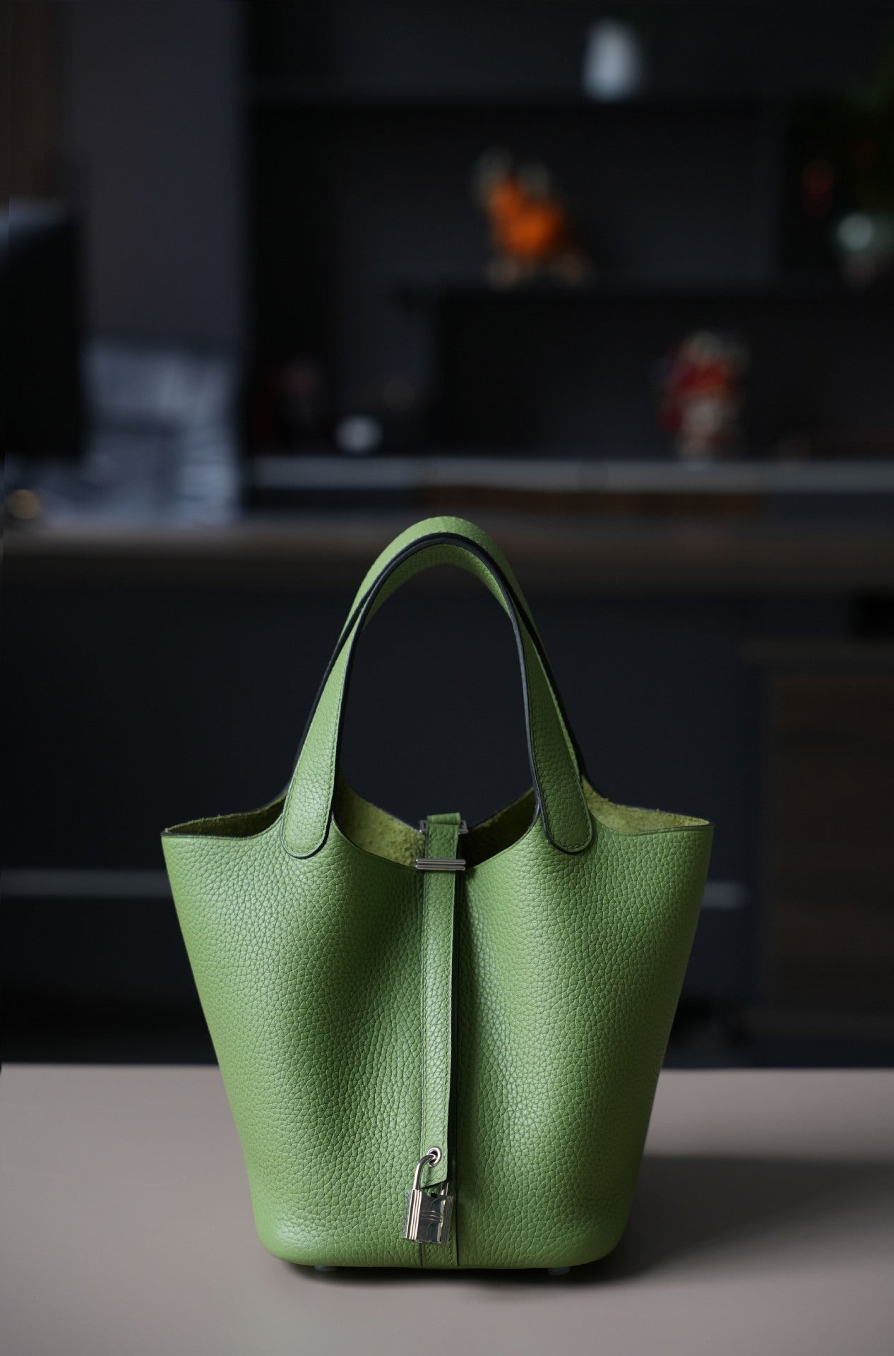 avocado green silver buckle fanlosn leather bucket bag,women,front