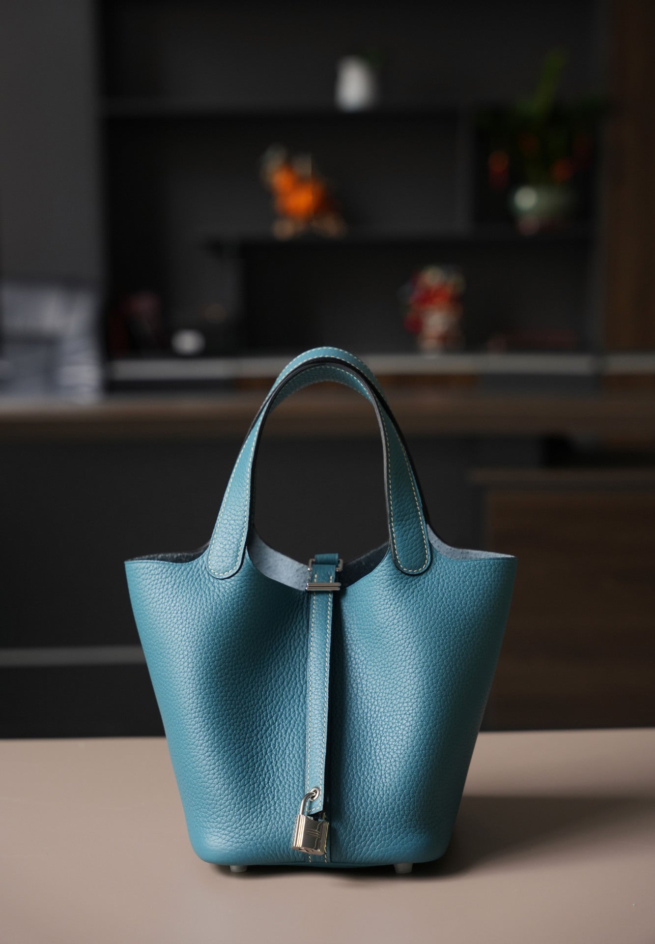 denim blue silver buckle fanlosn leather bucket bag,women,front