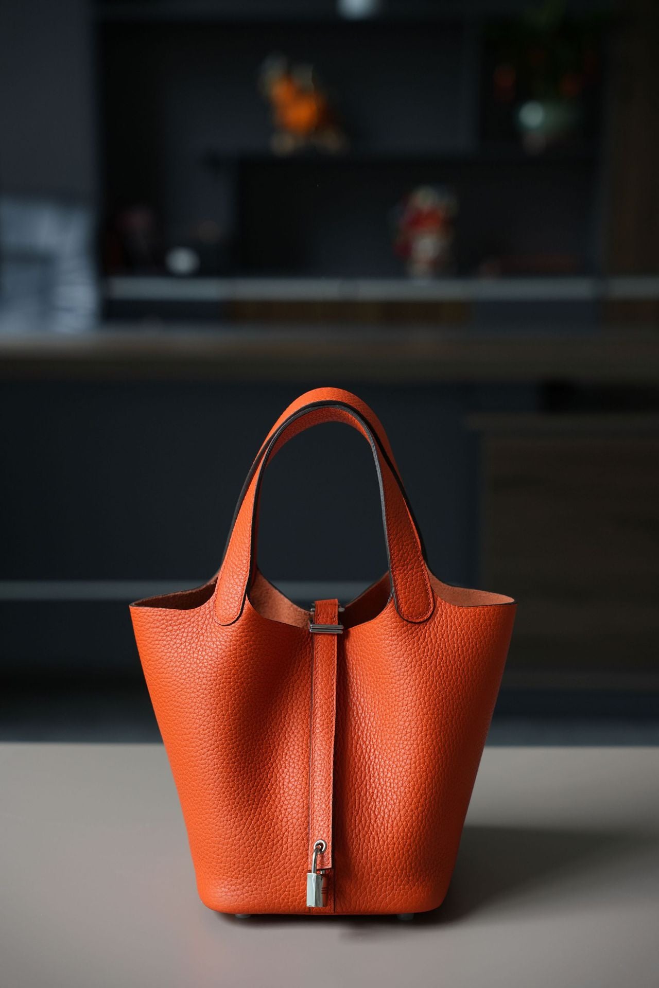 emma orange silver buckle fanlosn leather bucket bag,women,front