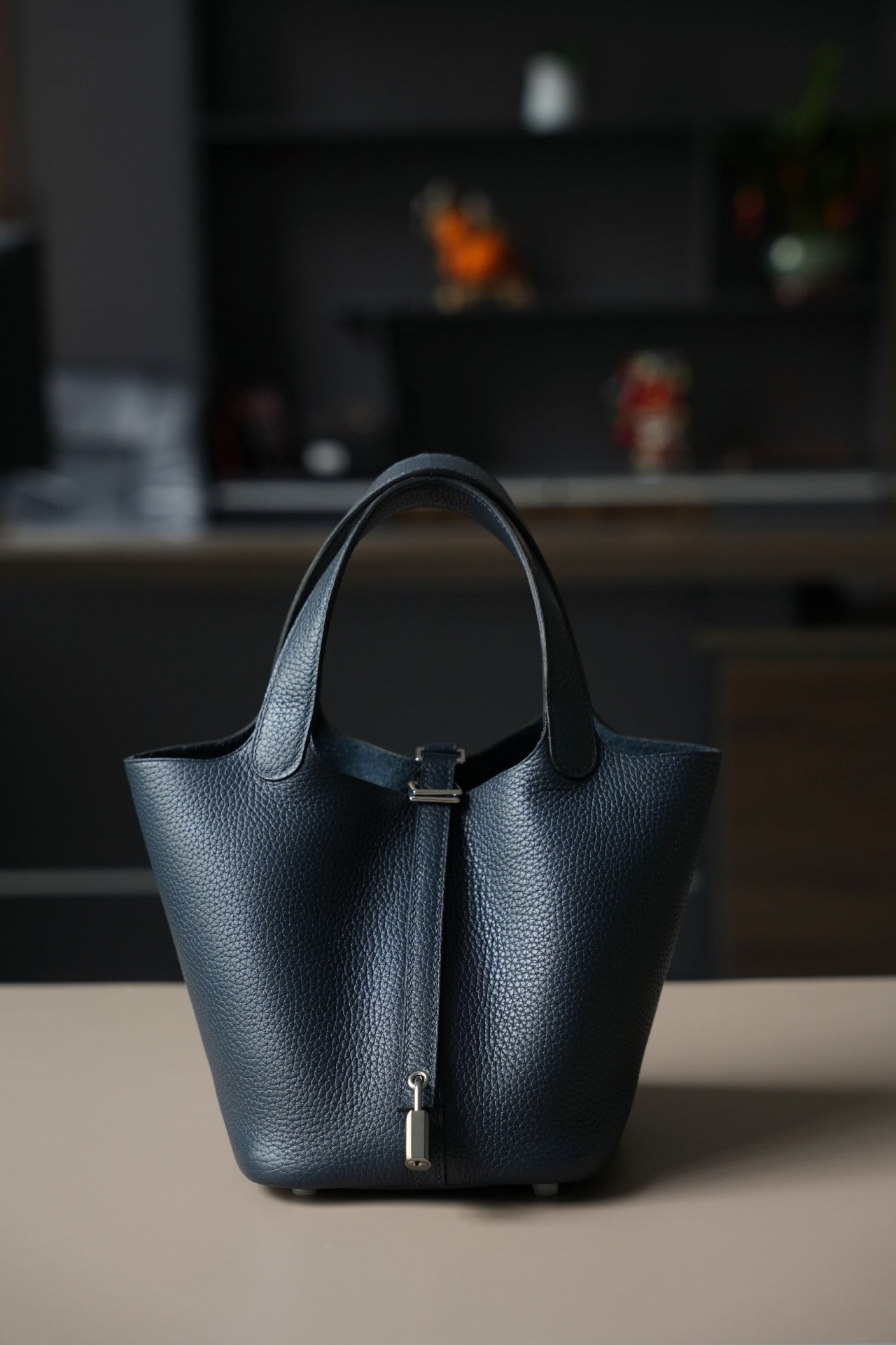 midnight blue silver buckle fanlosn leather bucket bag,women,front