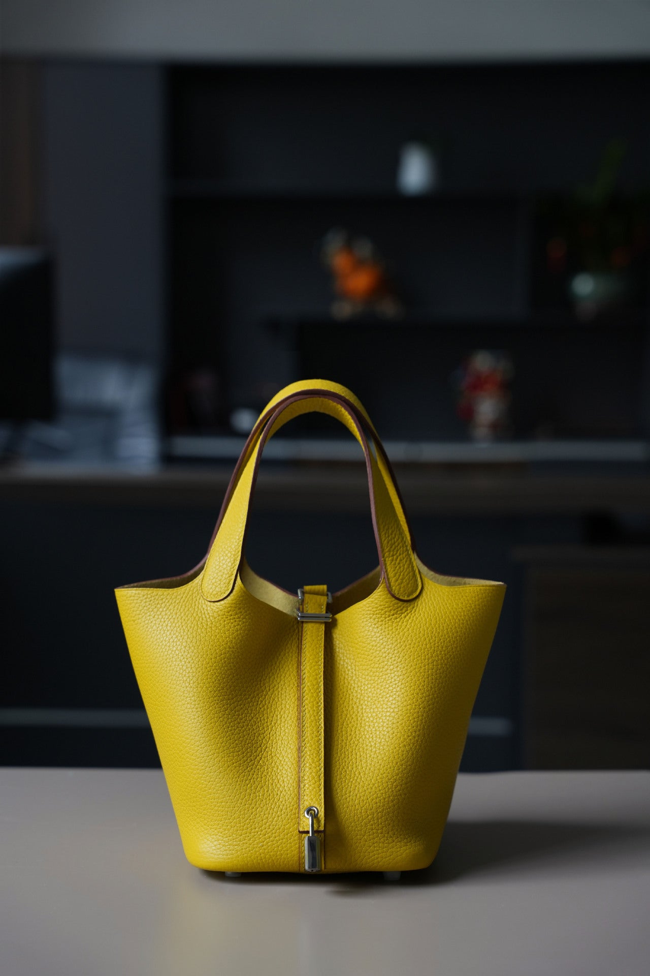 naples yellow silver buckle fanlosn leather bucket bag,women,front