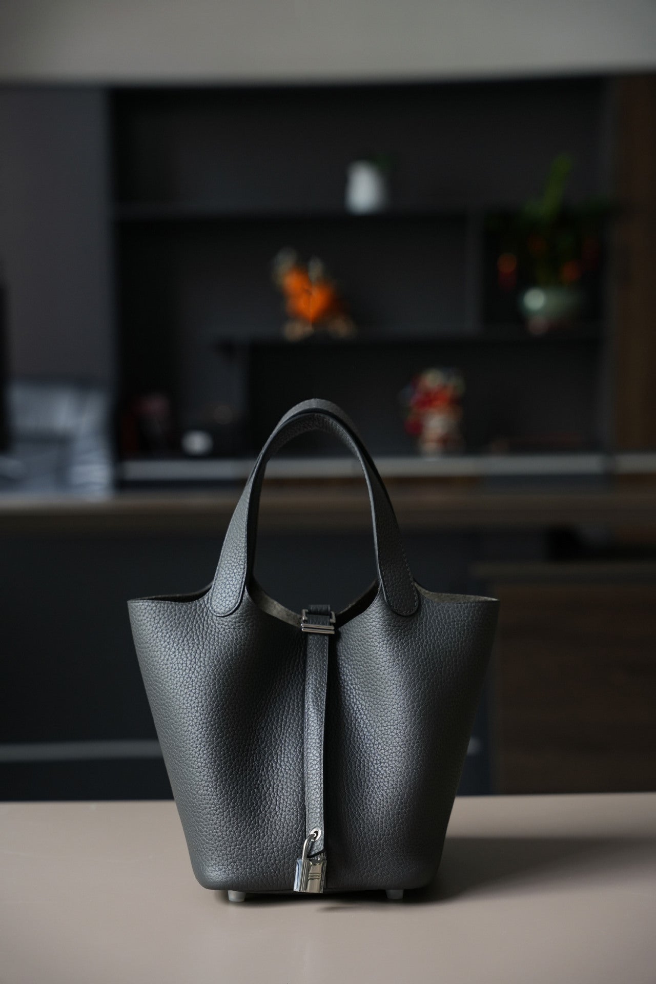 slate gray silver buckle fanlosn leather bucket bag,women,front