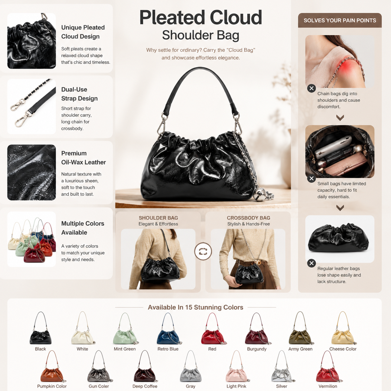 black fanlosn oil wax leather cloud bag women,detail 03