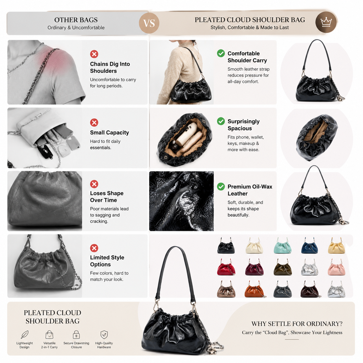 black fanlosn oil wax leather cloud bag women,detail