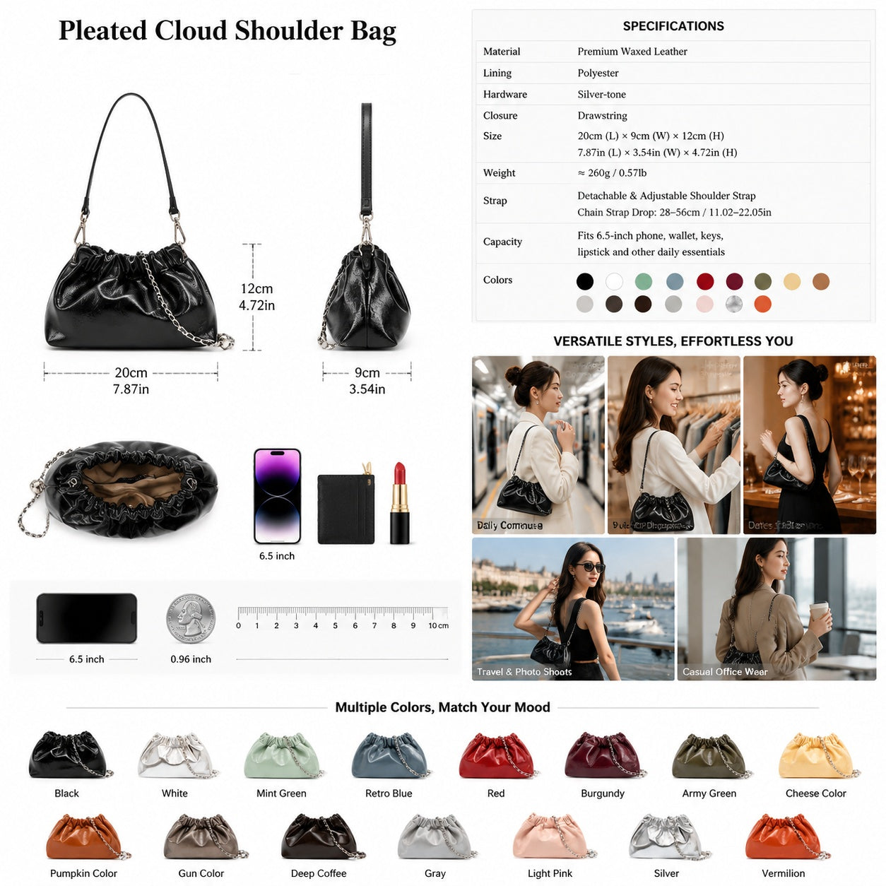 black fanlosn oil wax leather cloud bag women,dimensions