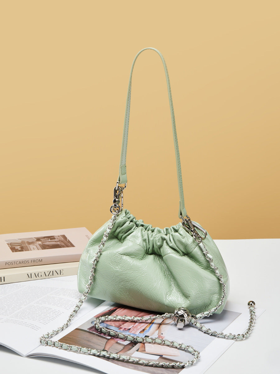 mint green fanlosn oil wax leather cloud bag women,custom,front