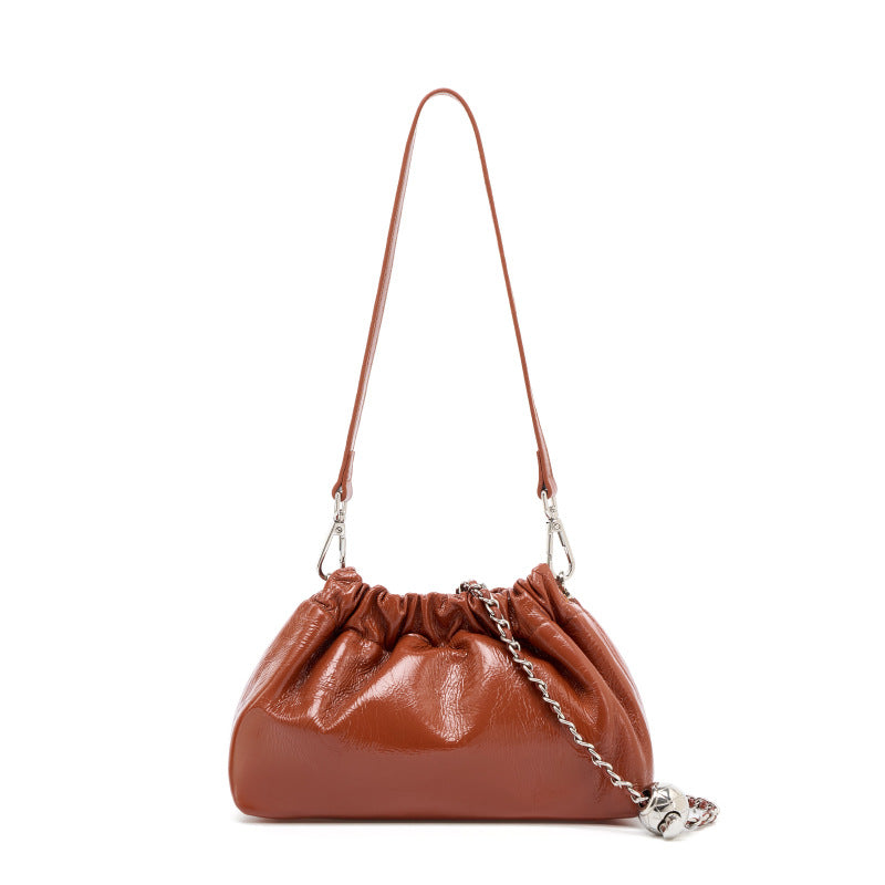 pumpkin color fanlosn oil wax leather cloud bag women,custom,front