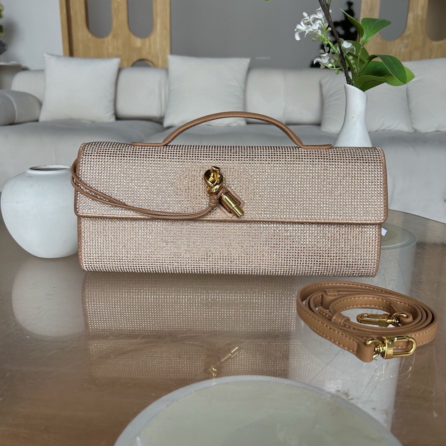 champagne gold fanlosn rhinestone clutch evening bag,women,front