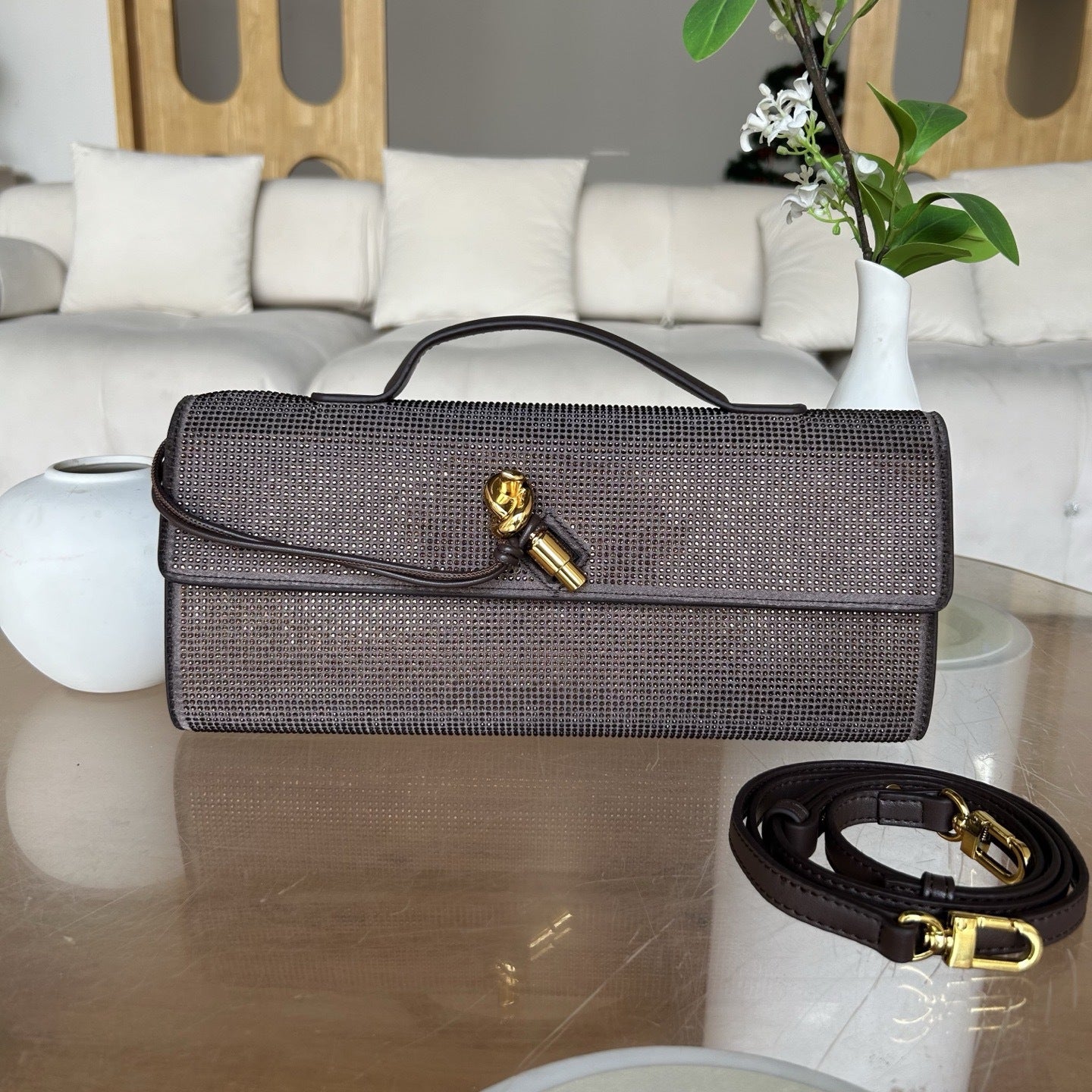 coffee fanlosn rhinestone clutch evening bag,women,front