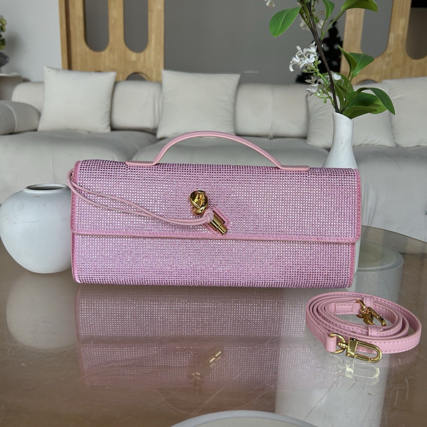 pink fanlosn rhinestone clutch evening bag,women,front