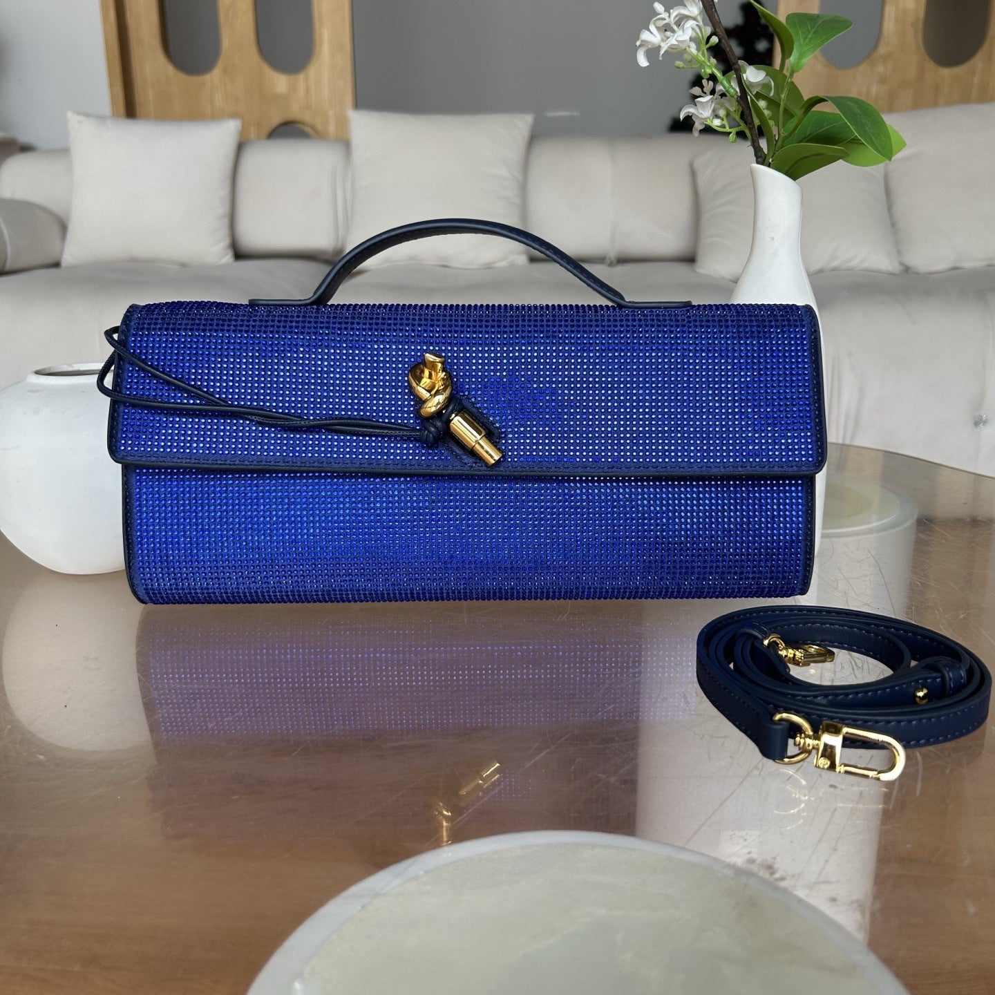 sapphire blue fanlosn rhinestone clutch evening bag,women,front
