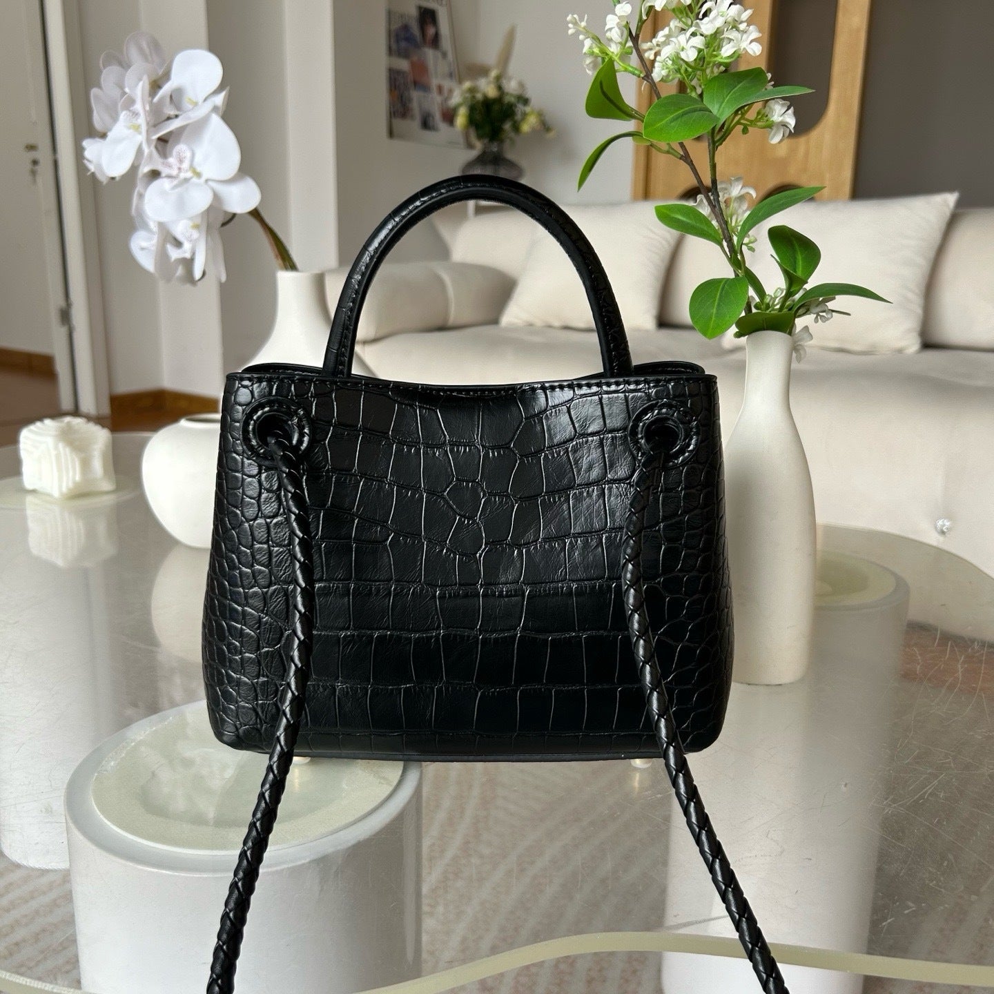 black leather crocodile handbag,women,back