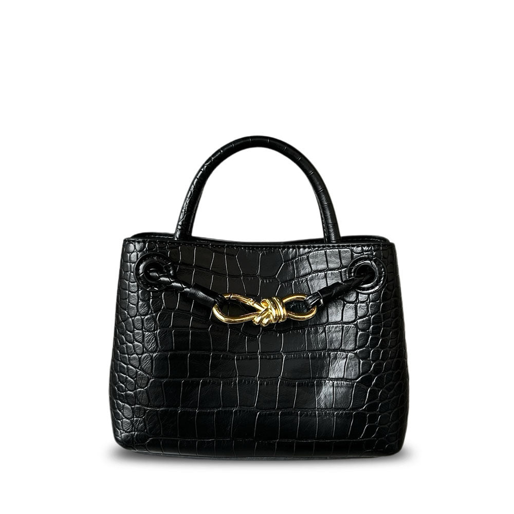 black leather crocodile handbag,women,front 02