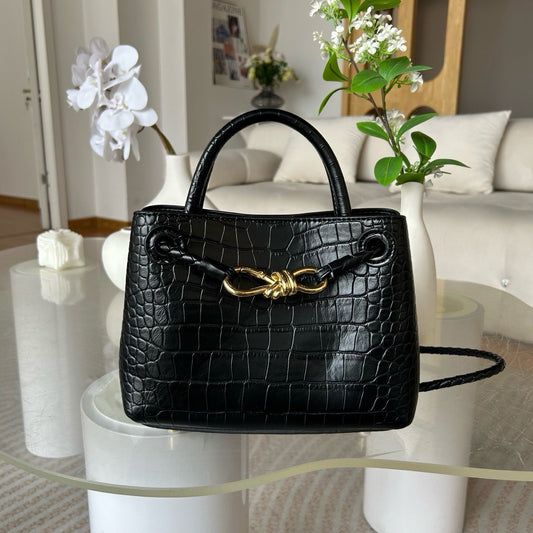 black leather crocodile handbag,women,front