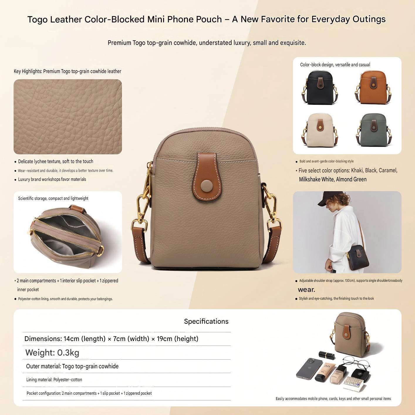 fanlosn khaki leather crossbody phone bag,women,detail 07