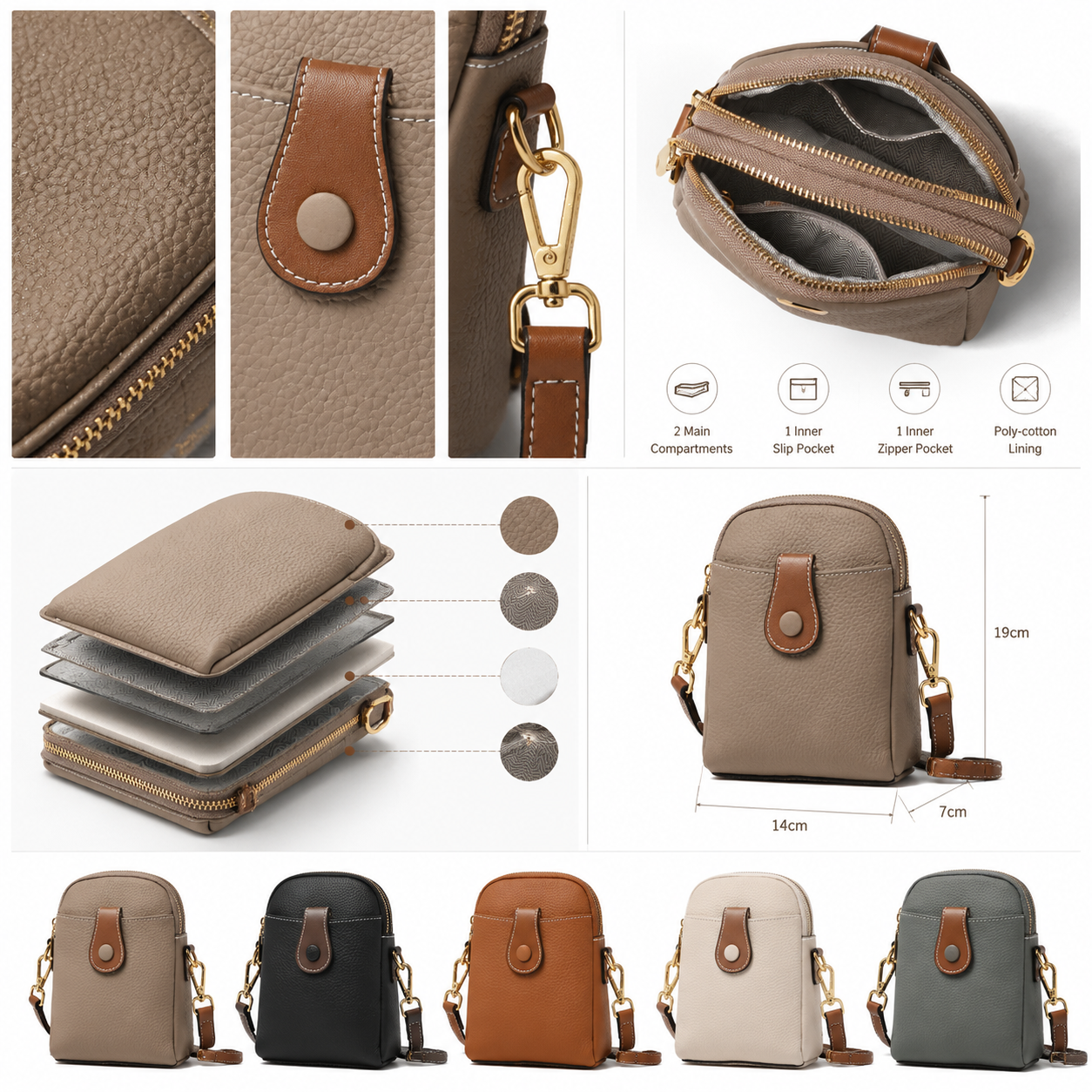 fanlosn khaki leather crossbody phone bag,women,detail