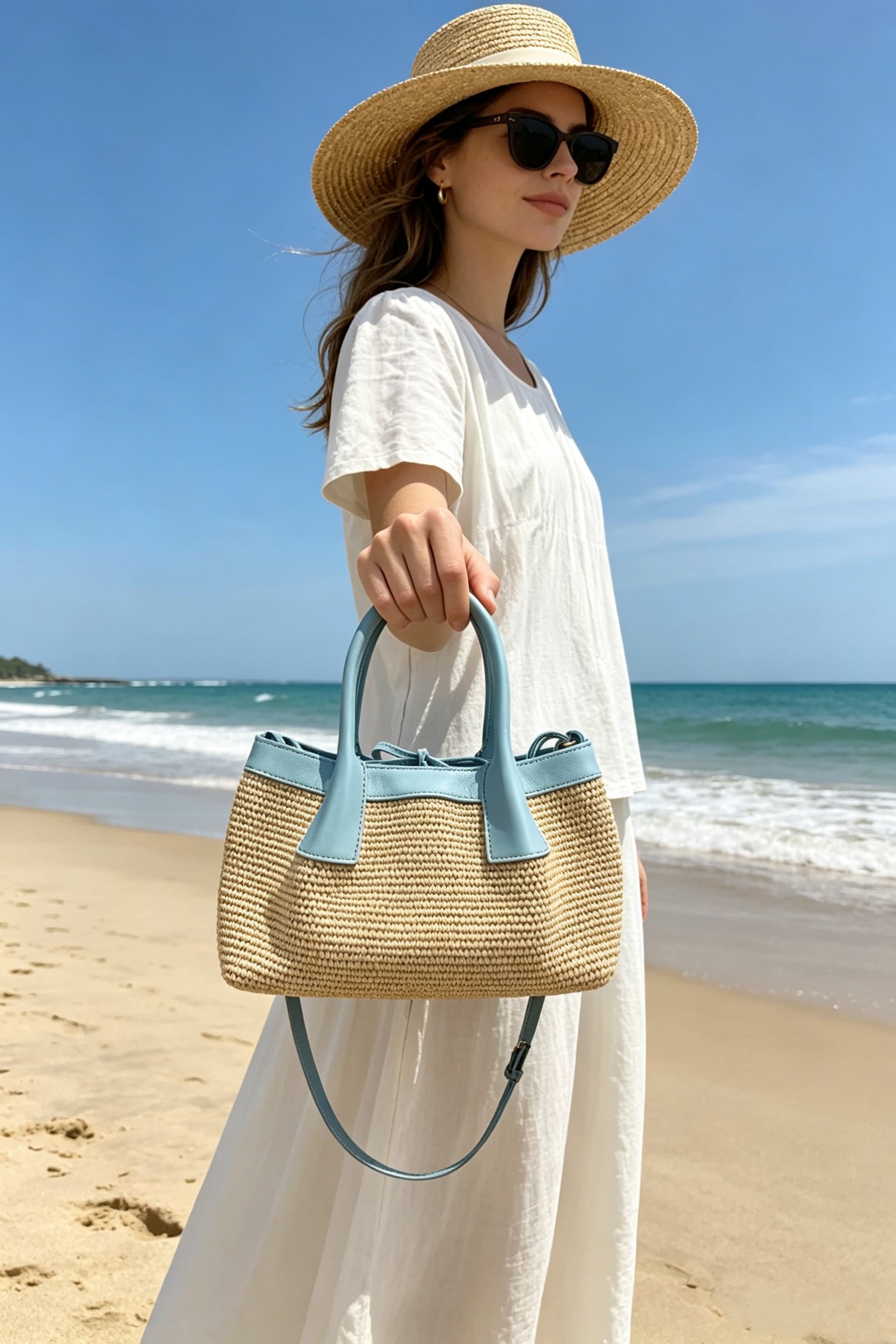 blue raffia crossbody purses,women,model display