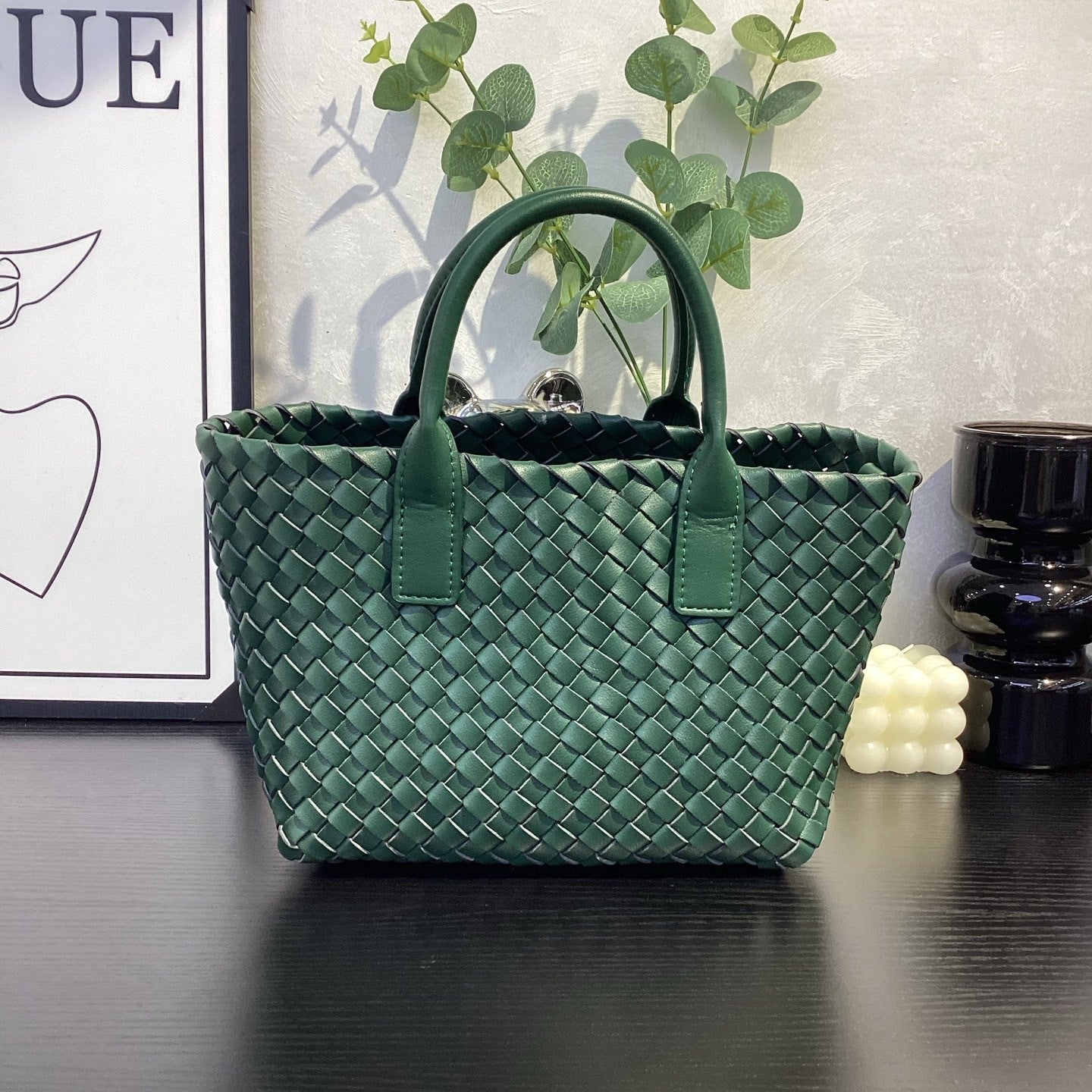 dark green fanlosn woven leather handbag,women,front