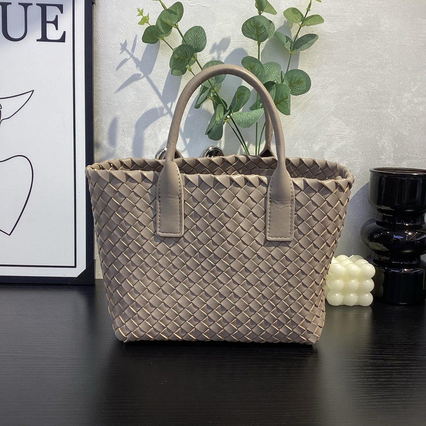 gray fanlosn woven leather handbag,women,front