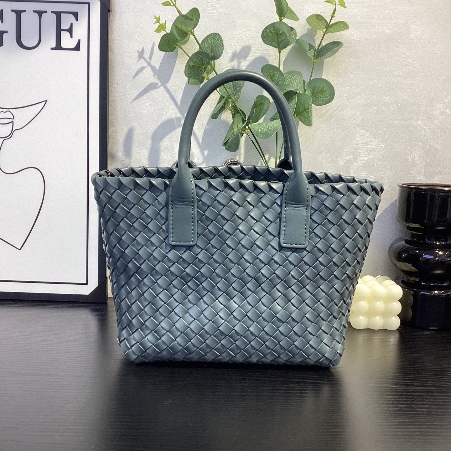 haze blue fanlosn woven leather handbag,women,front