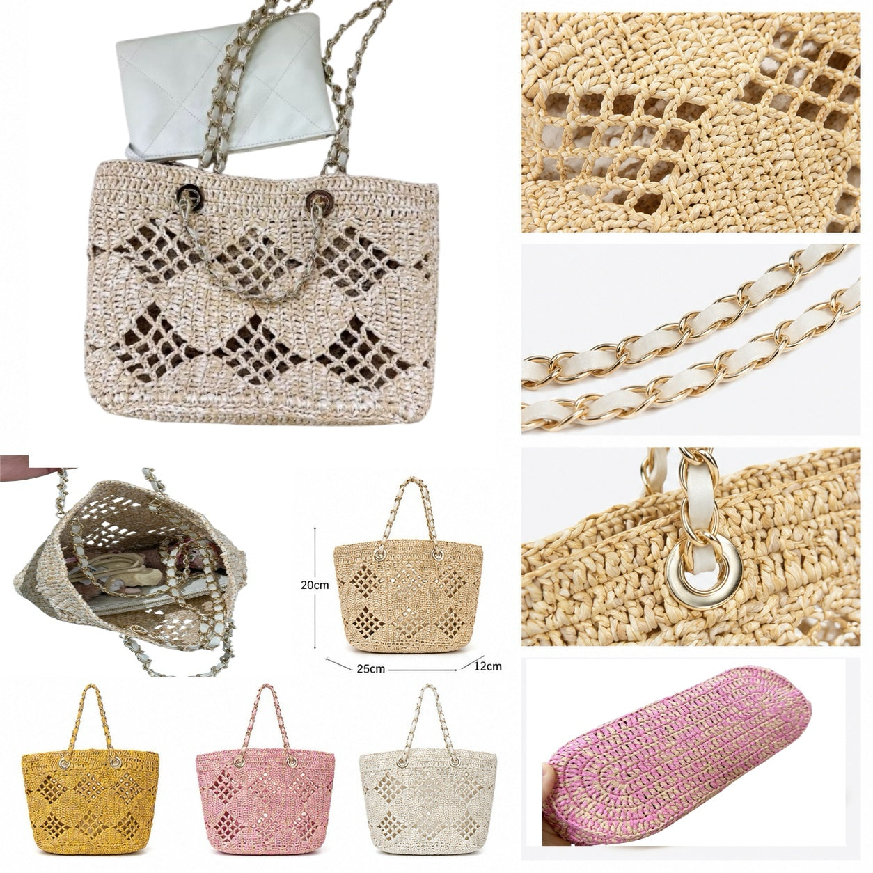 beige raffia hollow handbags,women,dimensions