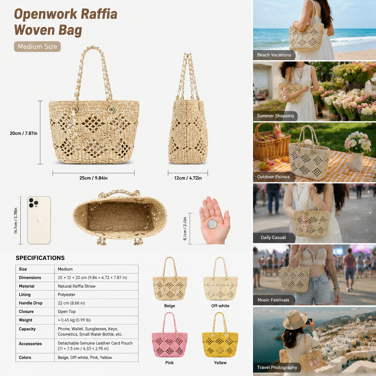 beige raffia hollow handbags,women,dimensions
