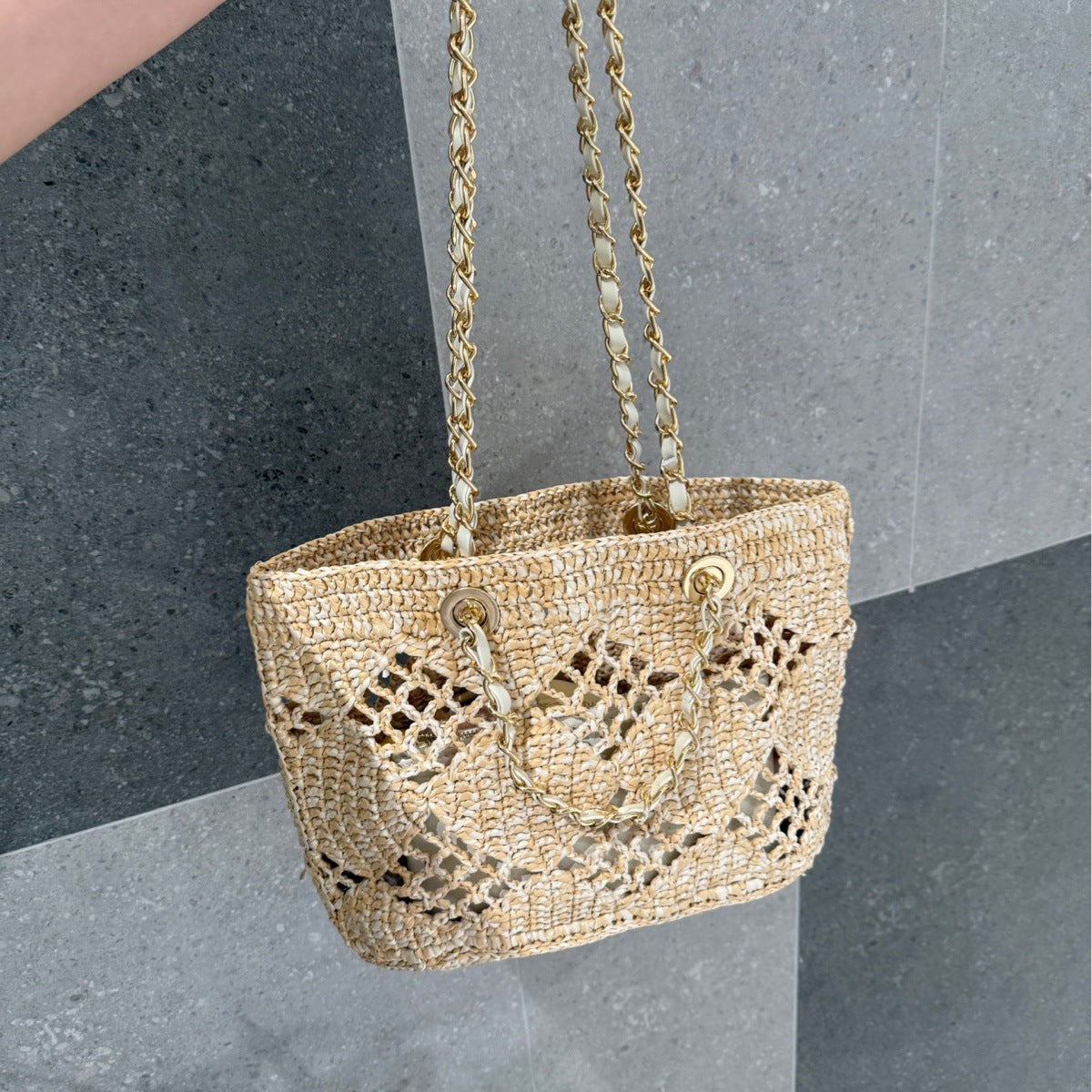 beige raffia hollow handbags,women,front