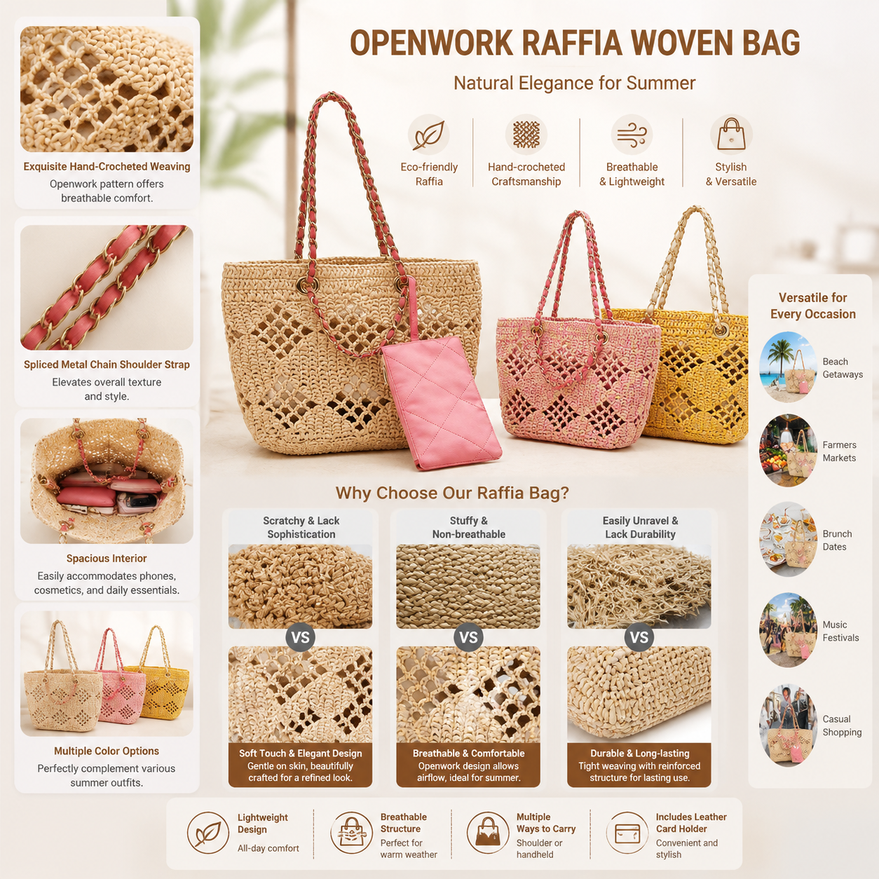 pink raffia hollow handbags,women,detail
