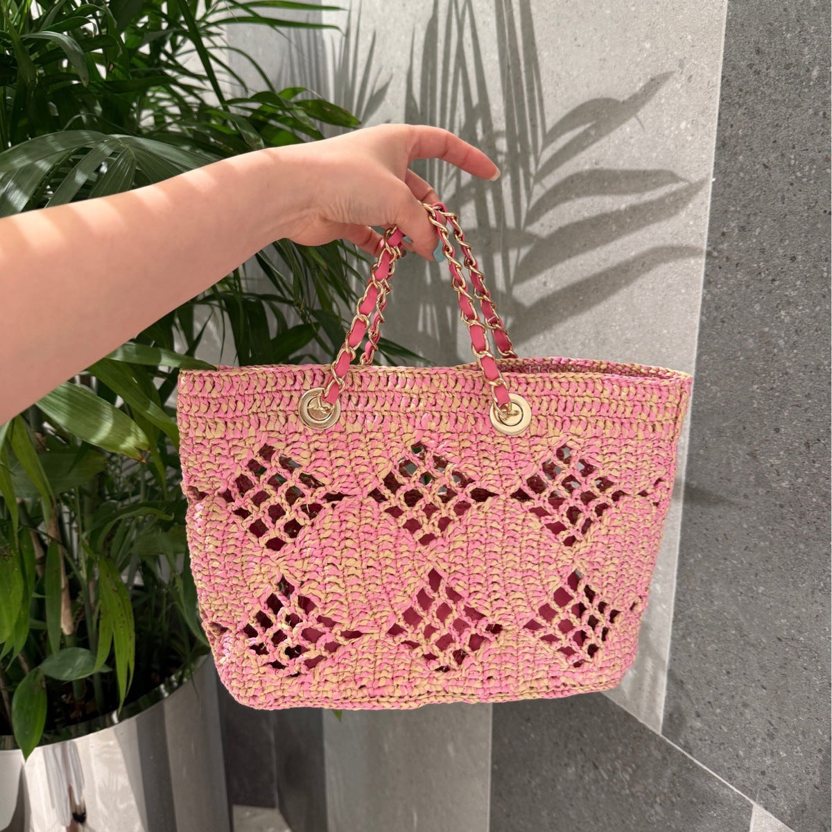 pink raffia hollow handbags,women,front