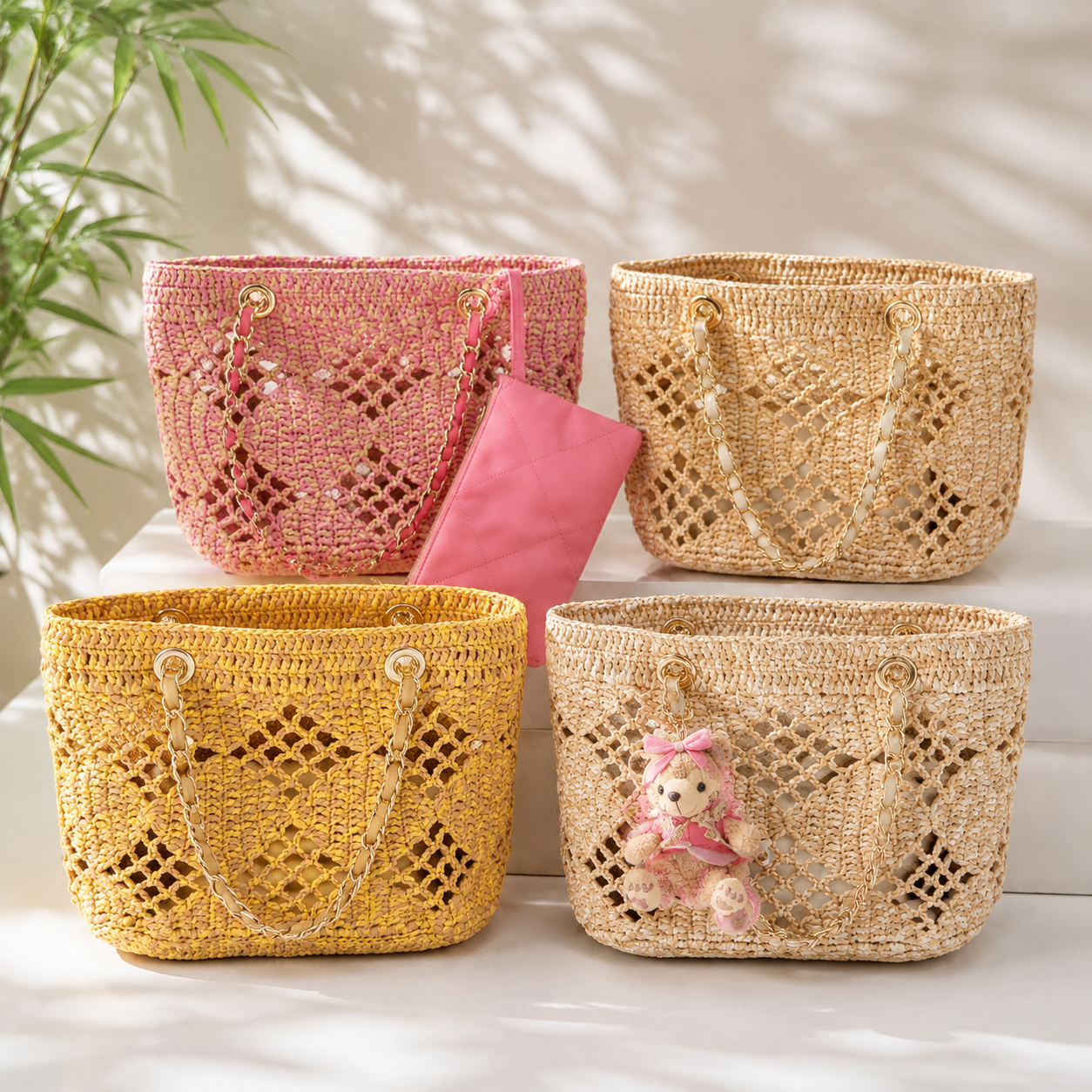 yellow raffia hollow handbags,women,color display 02