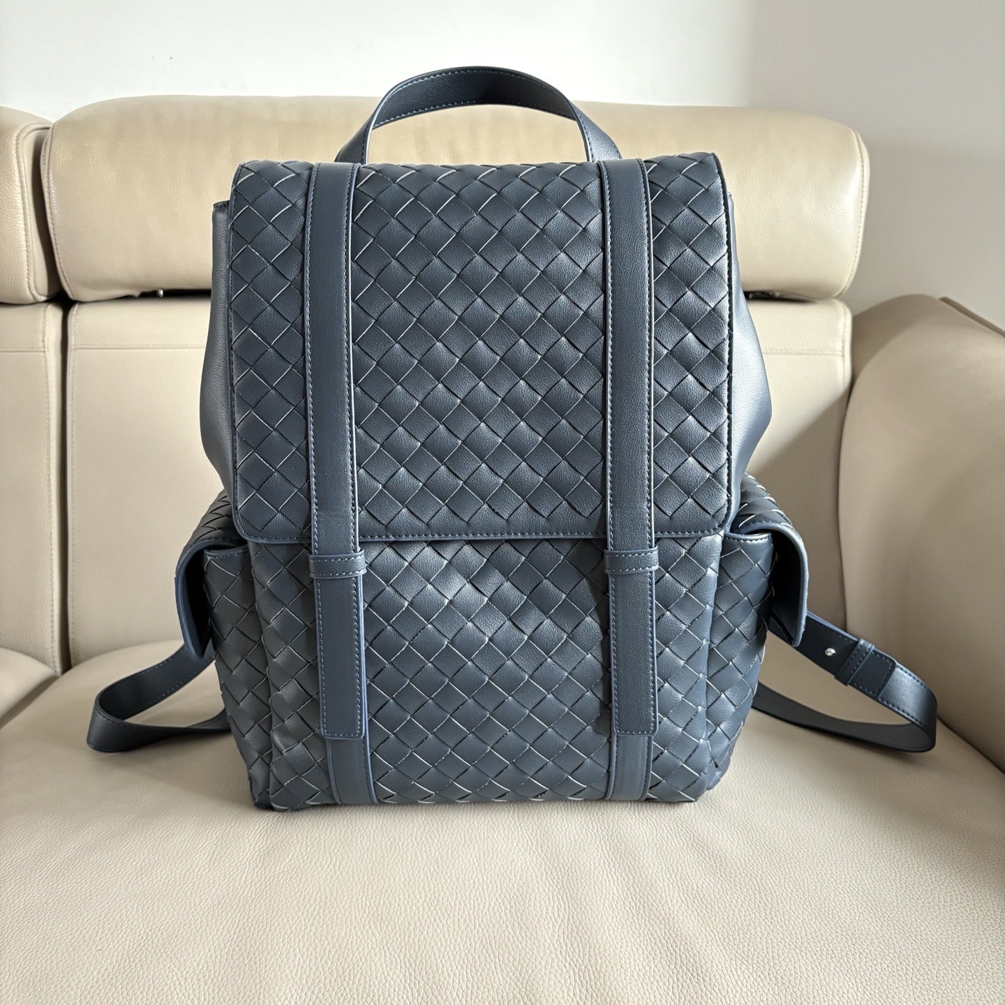 blue leather business school backpack,unisex,front