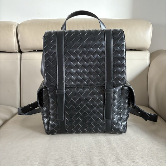 black leather business school backpack,unisex,front