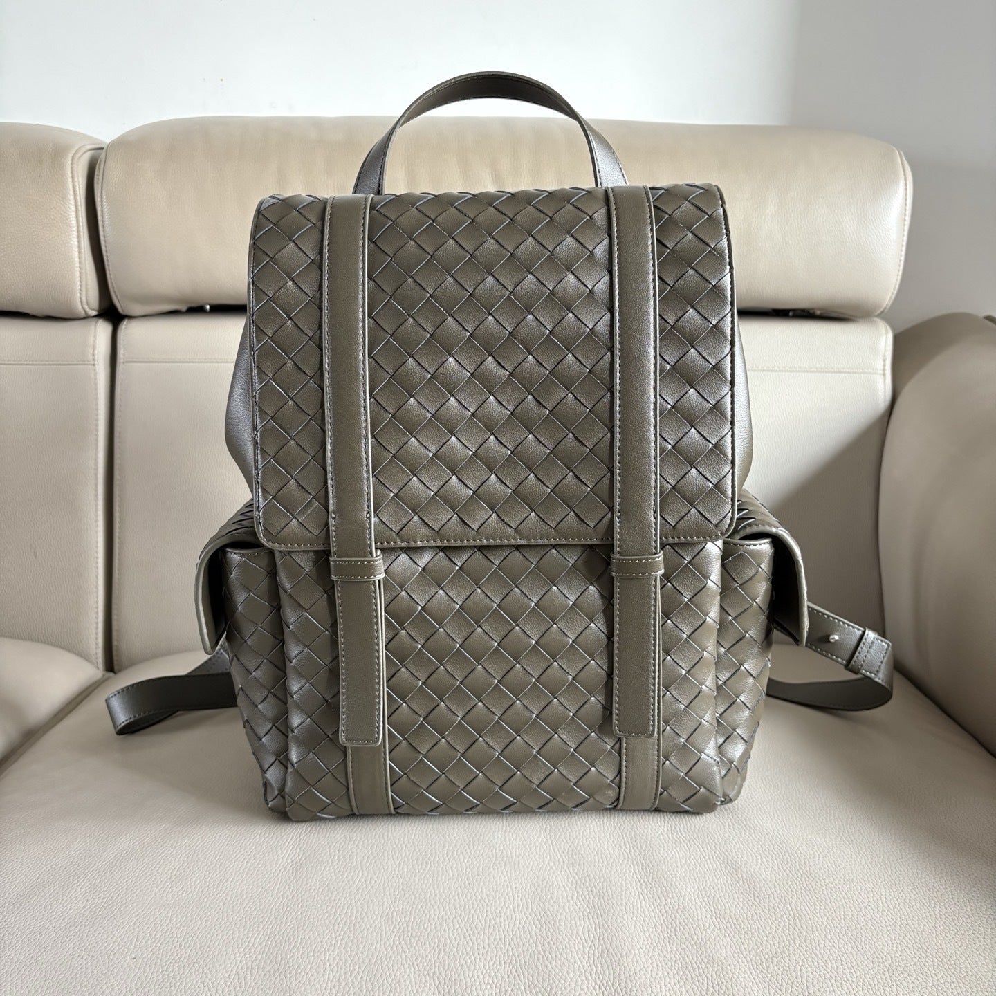 green leather business school backpack,unisex,front
