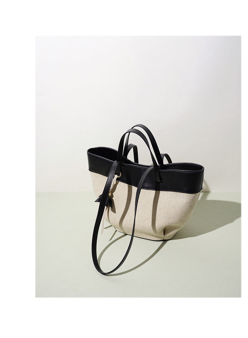 fanlosn black linen and leather shoulder bag,women,front 02