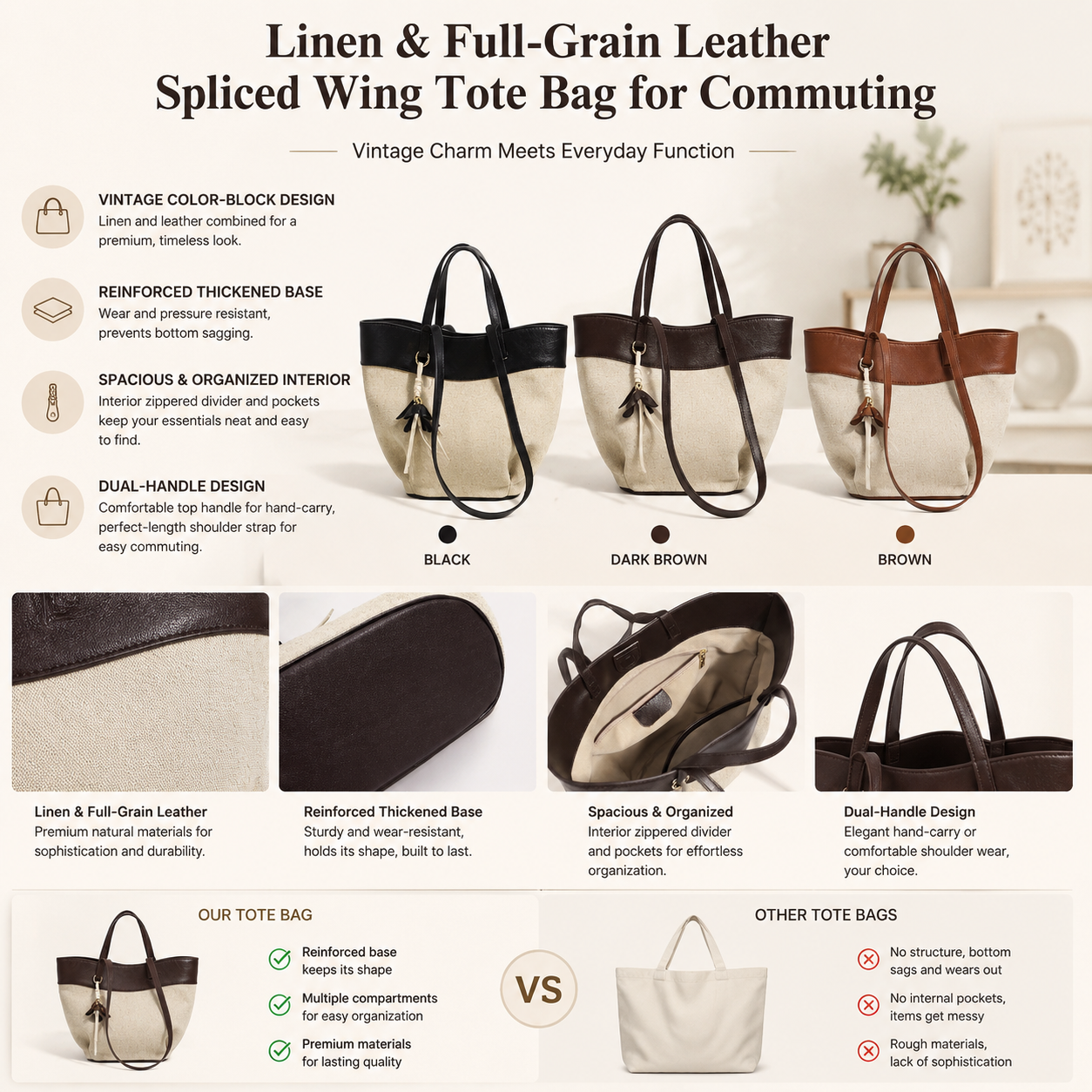 fanlosn coffee linen and leather shoulder bag,women,color detail