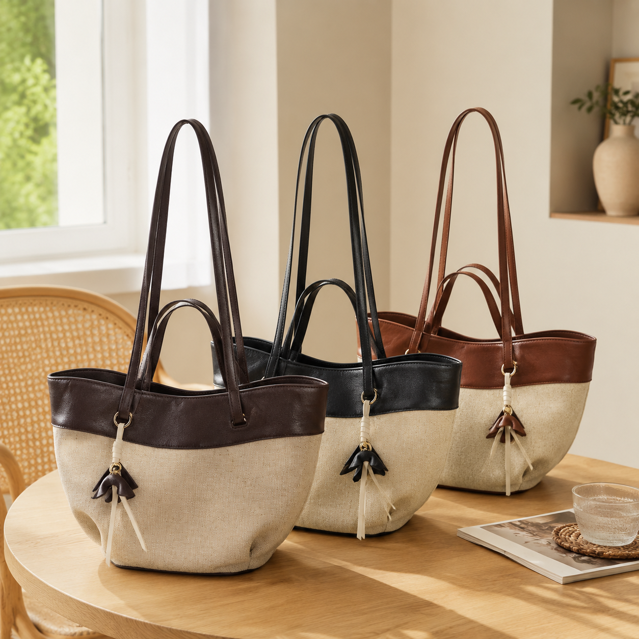 fanlosn coffee linen and leather shoulder bag,women,color display