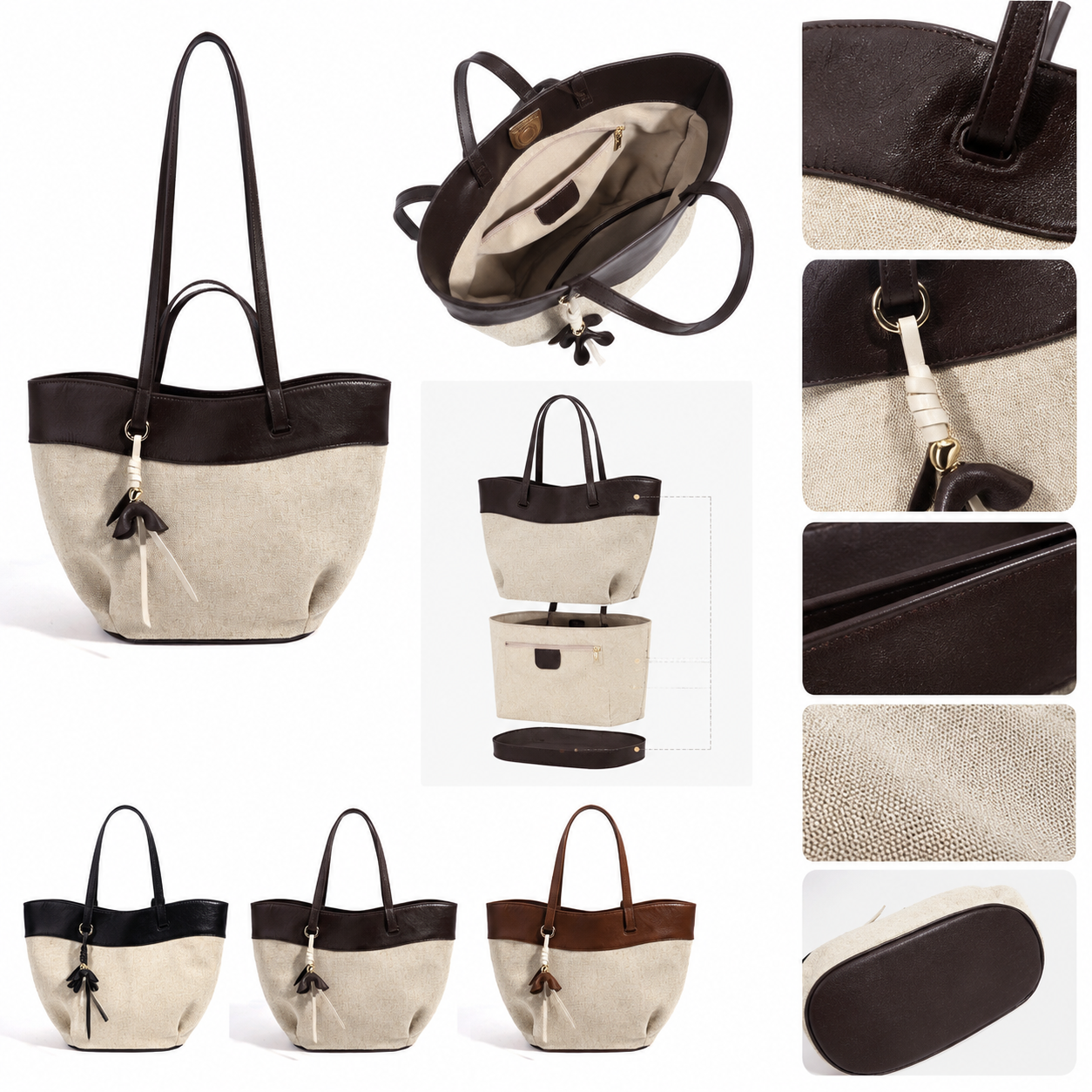 fanlosn coffee linen and leather shoulder bag,women,detail 06
