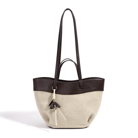 fanlosn coffee linen and leather shoulder bag,women,front 02