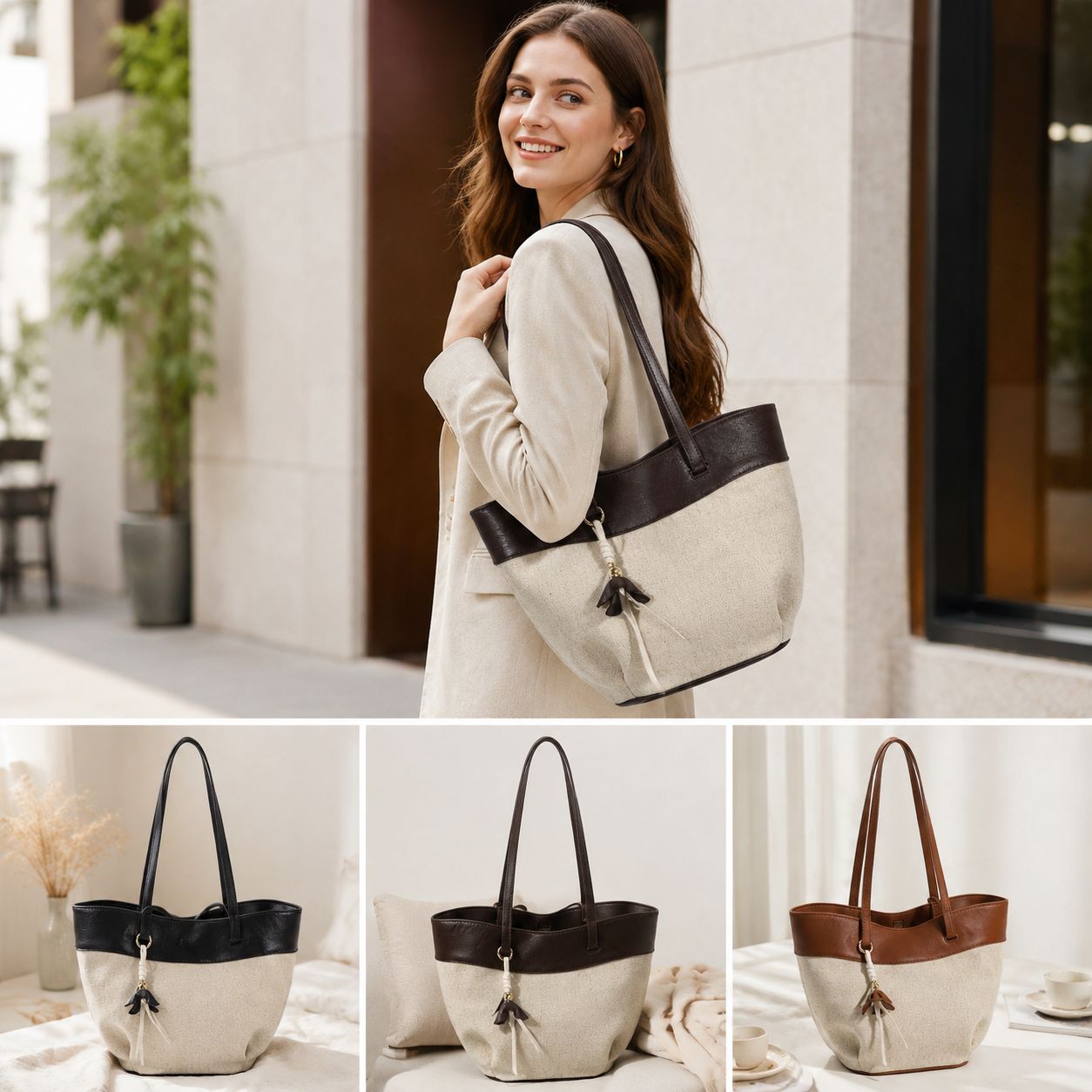 fanlosn coffee linen and leather shoulder bag,women,model display 02