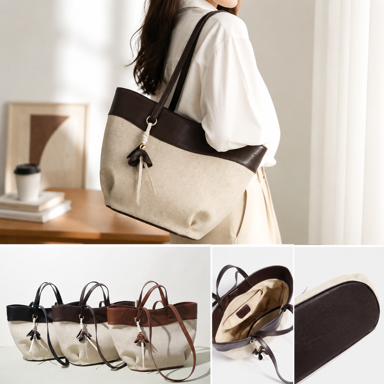 fanlosn coffee linen and leather shoulder bag,women,model display