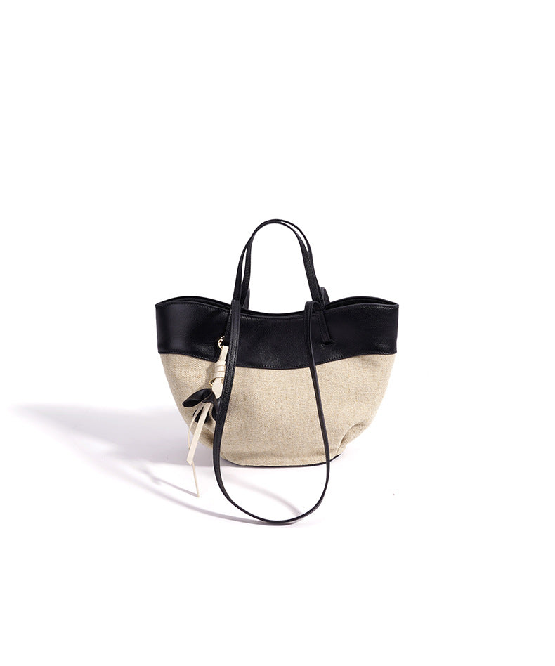 fanlosn small size black linen and leather shoulder bag,women,front